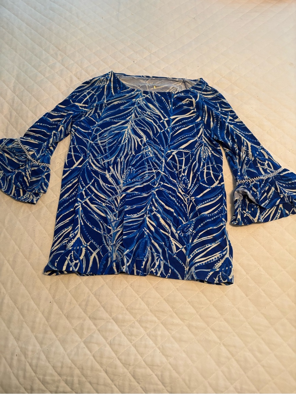 Lilly Pulitzer Blue and White Printed Bell-Sleeve Blouse